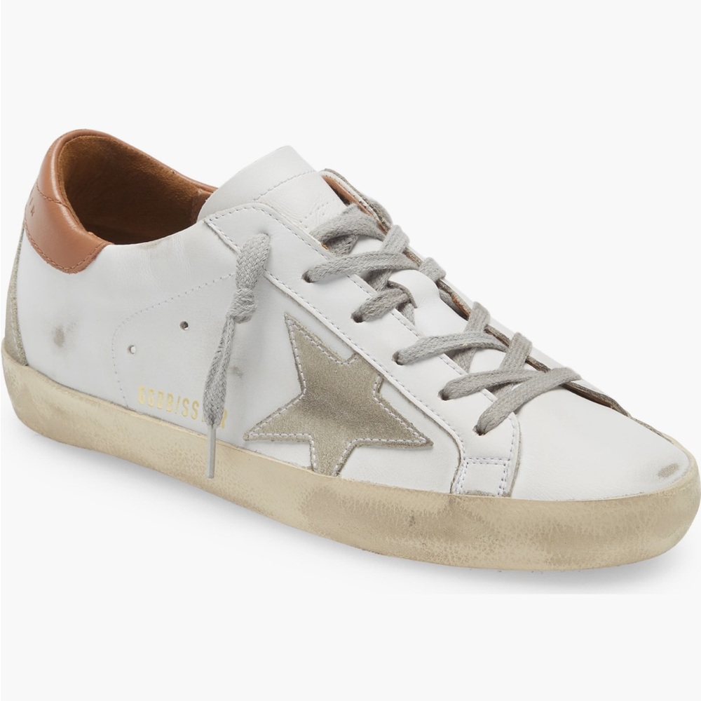 Golden Goose White and Tan Sneakers
